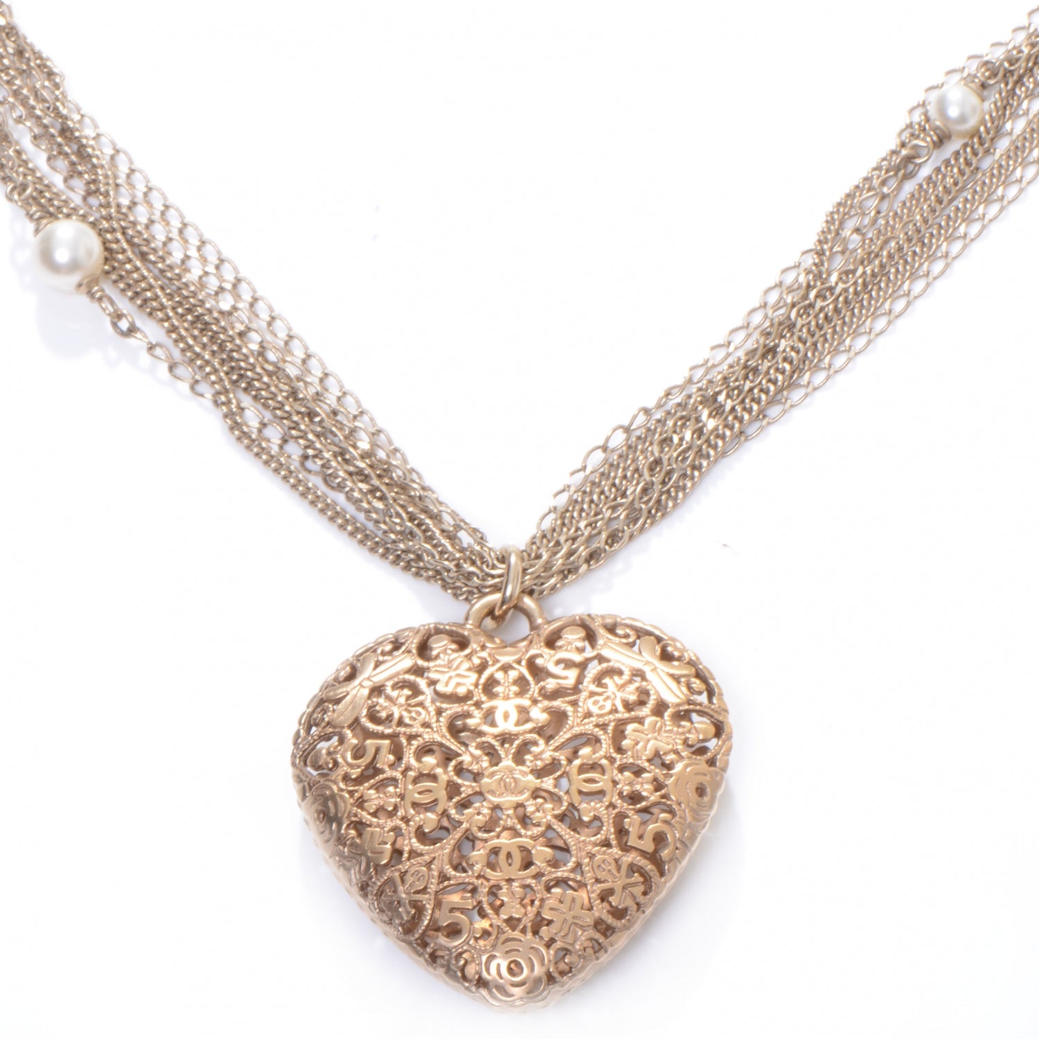 Chanel Gold Pearl Lucky Charms Heart Necklace 1 of 4