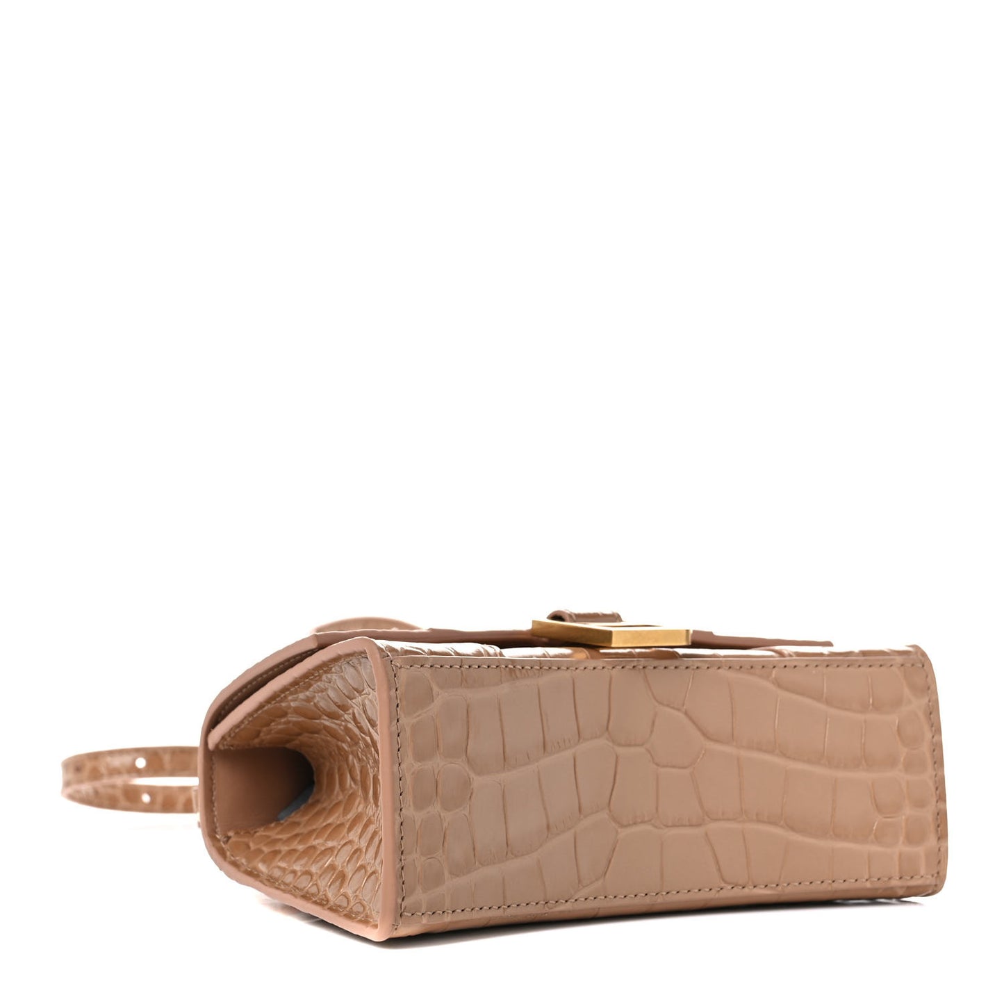 Shiny Calfskin Crocodile Embossed Hourglass Top Handle Bag XS Nude Beige
