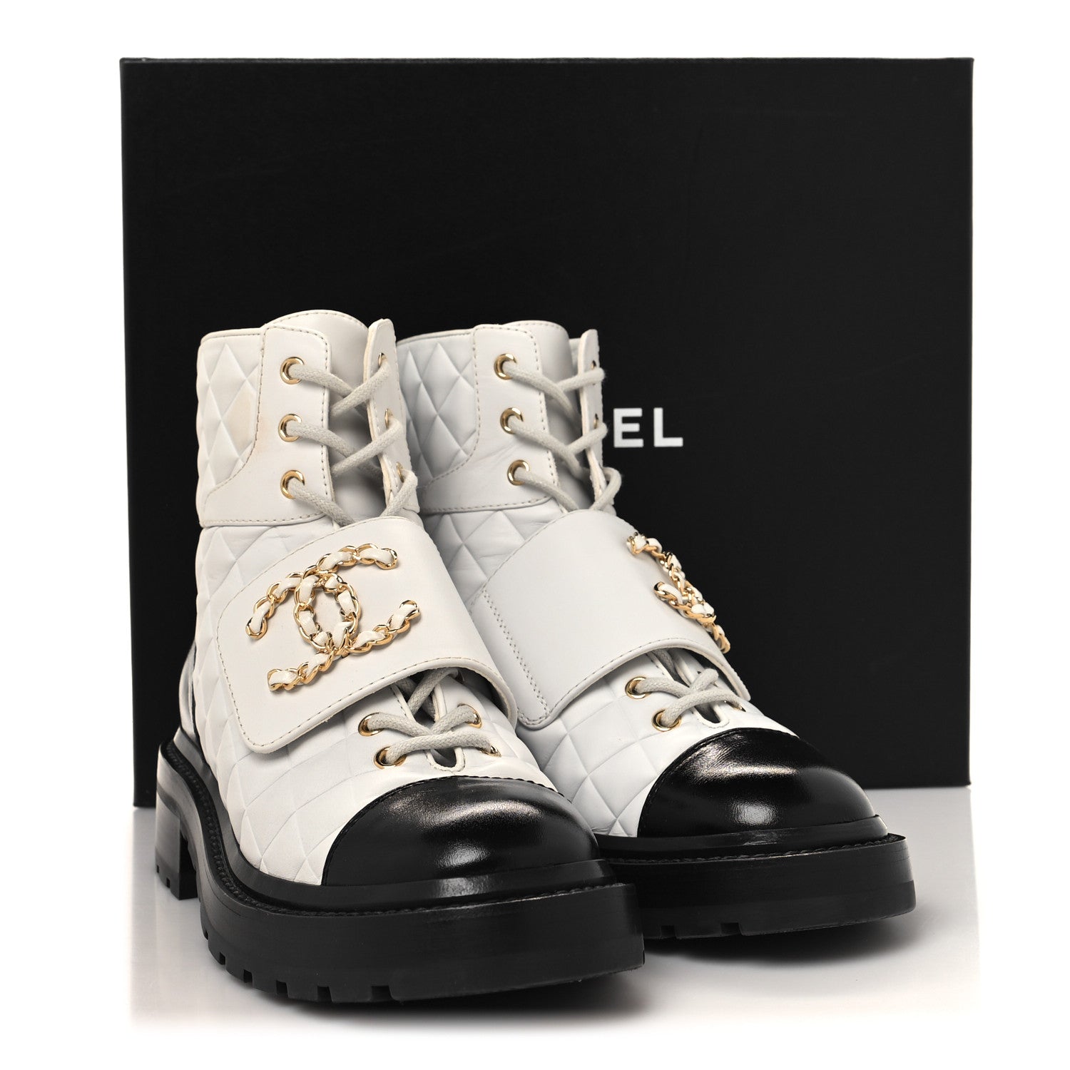 Chanel Calfskin Shiny Calfskin Quilted Lace Up Combat Boots 36 White Black 8 of 8