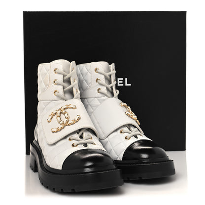 Chanel Calfskin Shiny Calfskin Quilted Lace Up Combat Boots 36 White Black 8 of 8