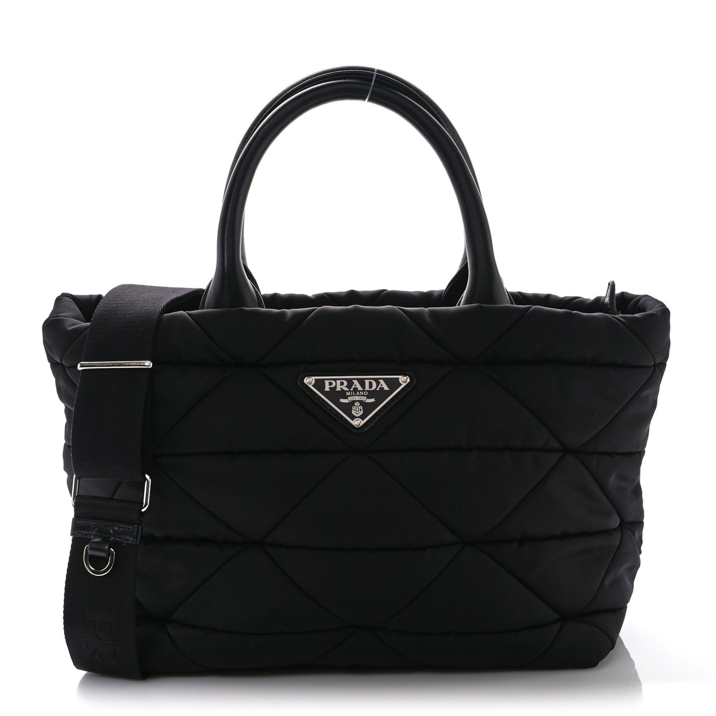 Re-Nylon Nappa Triangle Quilted Padded Small Double Handled Zip Tote Black