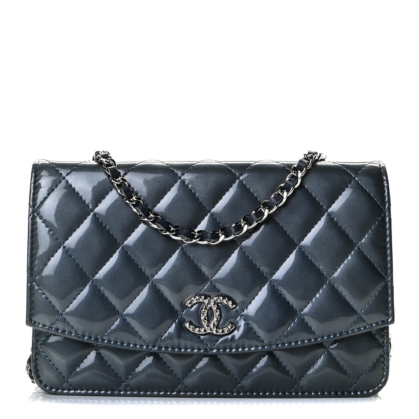 Patent Quilted Brilliant Wallet On Chain WOC Dark Blue