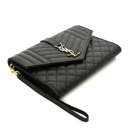 Saint Laurent Grain De Poudre Textured Mixed Matelasse Triquilt Monogram Clutch Black 4 of 9