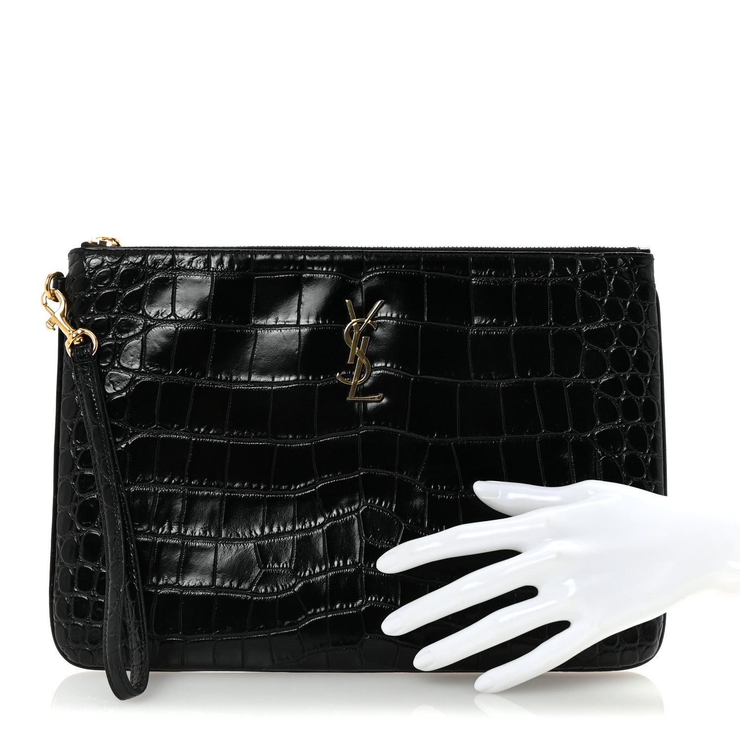 Saint Laurent Calfskin Crocodile Embossed Tablet Pouch Black 2 of 7