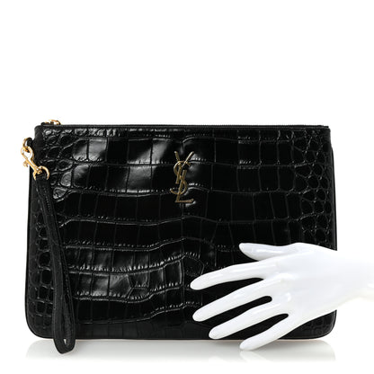 Saint Laurent Calfskin Crocodile Embossed Tablet Pouch Black 2 of 7
