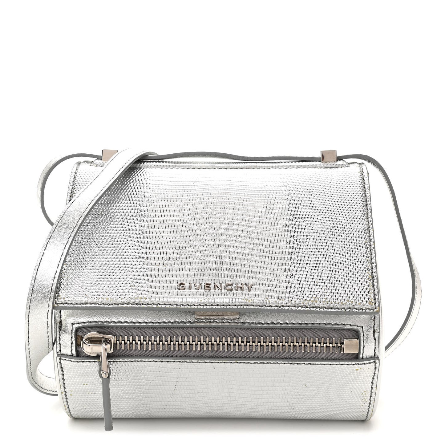 Metallic Calfskin Lizard Embossed Mini Pandora Box Crossbody Bag Silver