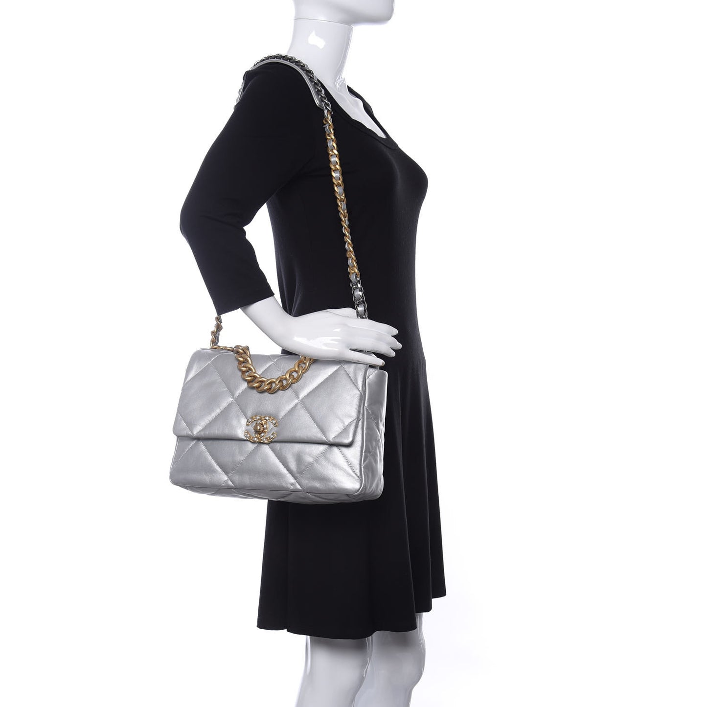 Metallic Goatskin Quilted Large Chanel 19 Flap Silver