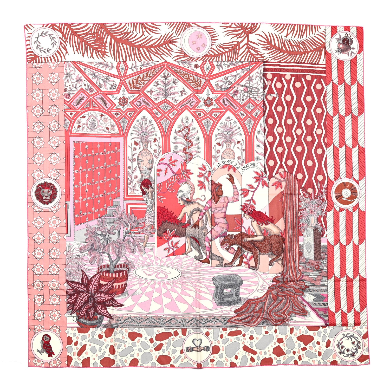 Hermes Cashmere Silk La Danse Des Amazones Shawl 140 Vieux Rose Gris White 1 of 5