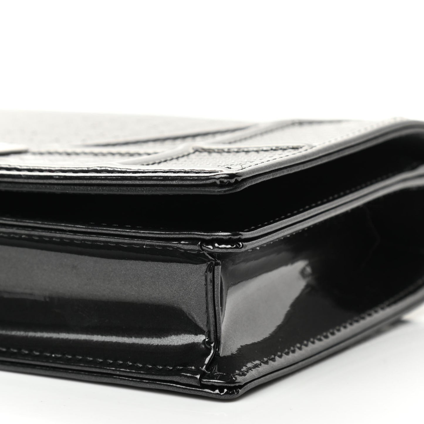 Metallic Patent Micro-Cannage Diorama Wallet on Chain Pouch Black