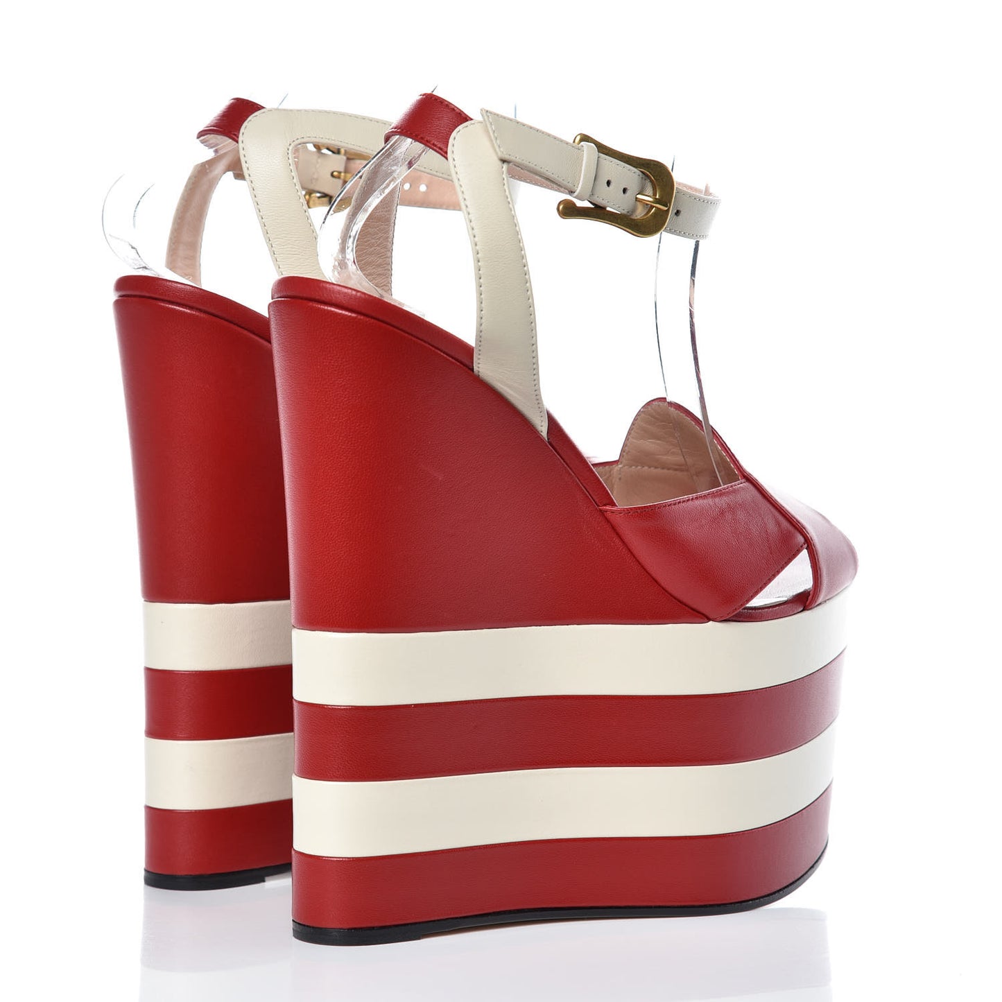 Nappa Striped Sally Platform Wedge Sandals 38.5 Hibiscus Red White