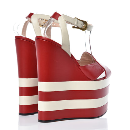 Gucci Nappa Striped Sally Platform Wedge Sandals 38.5 Hibiscus Red White 4 of 8