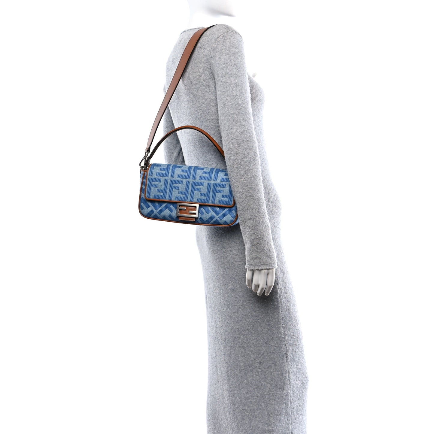 Denim Vitello King FF Embroidered Baguette Denim Chiaro Brandy