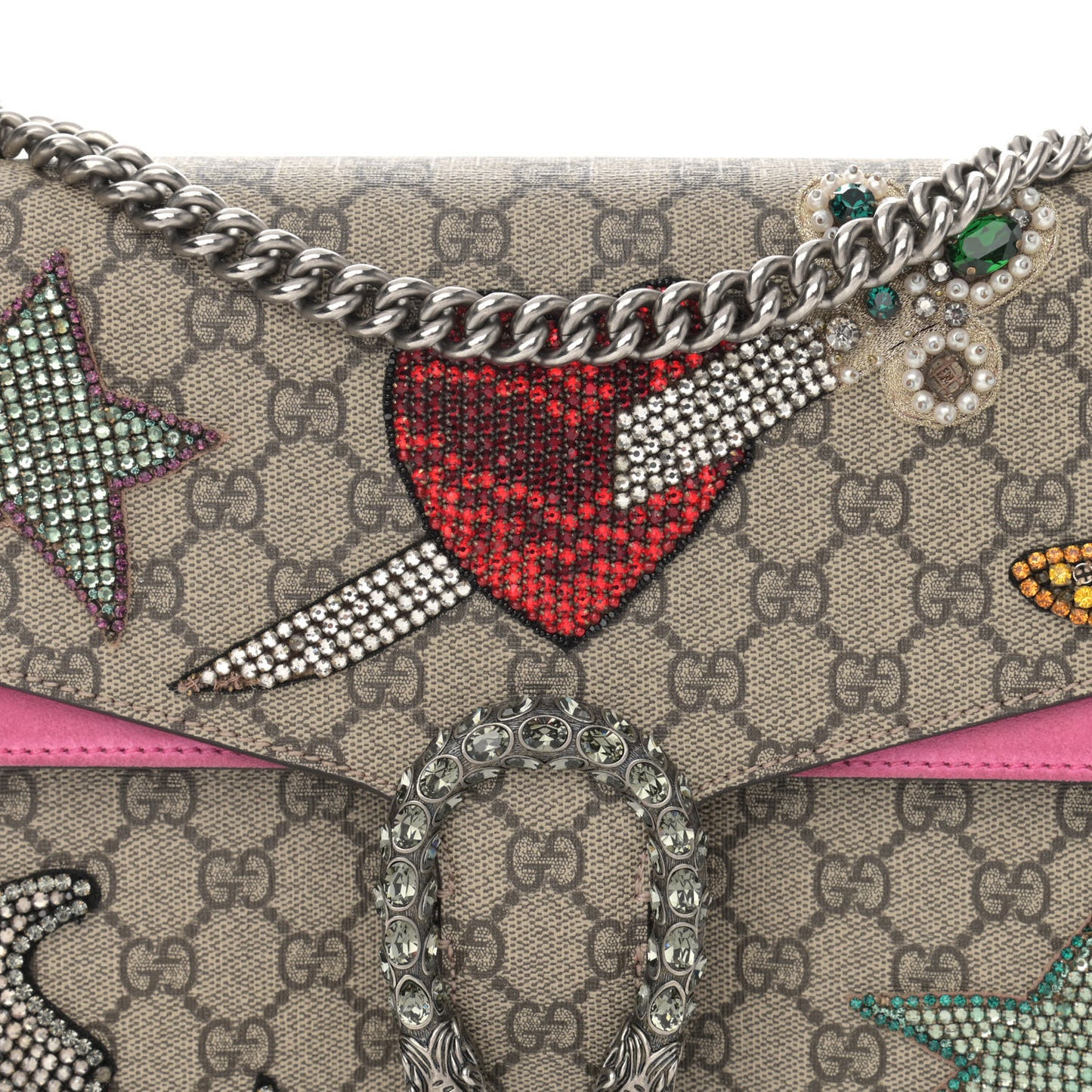 GG Supreme Monogram Suede Pierced Heart Embroidered Medium Dionysus Shoulder Bag Beige Ebony Pink Tropical Flower