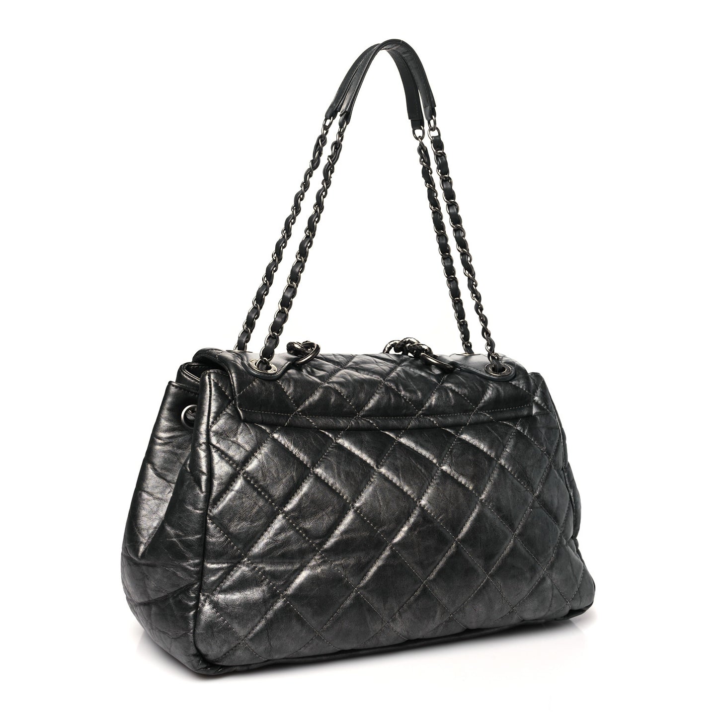 Metallic Aged Calfskin Quilted Large Pondichery Flap Dark Grey