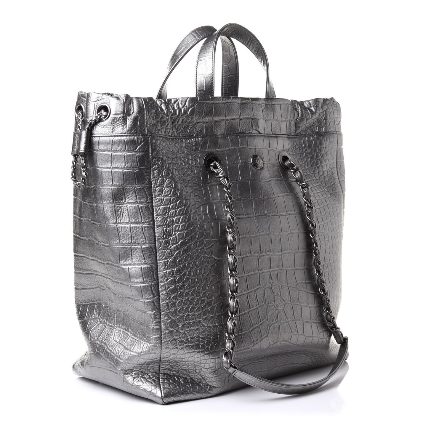 Calfskin Crocodile Embossed Large Shopping Tote Silver