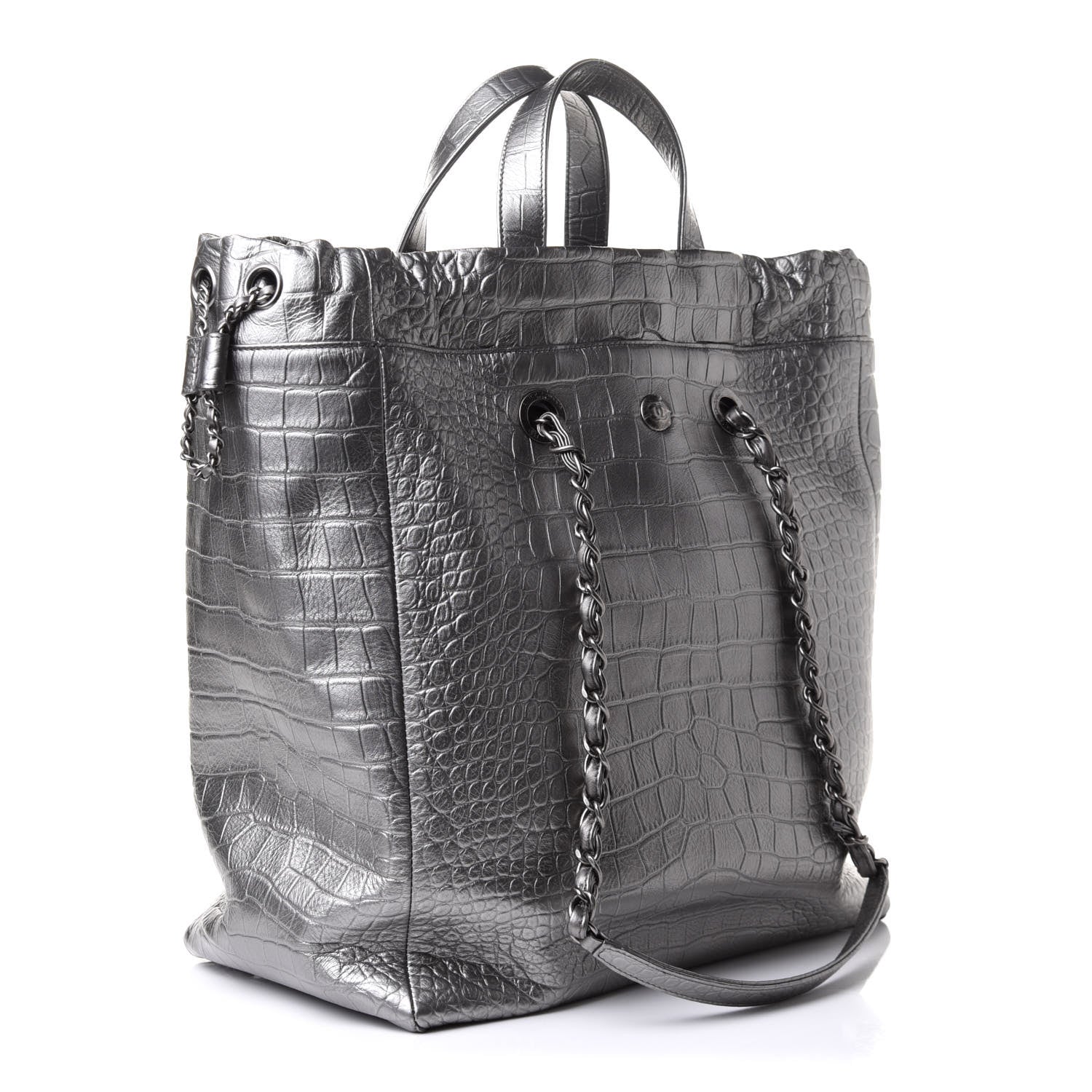 Chanel Calfskin Crocodile Embossed Large Shopping Tote Silver 2 of 11