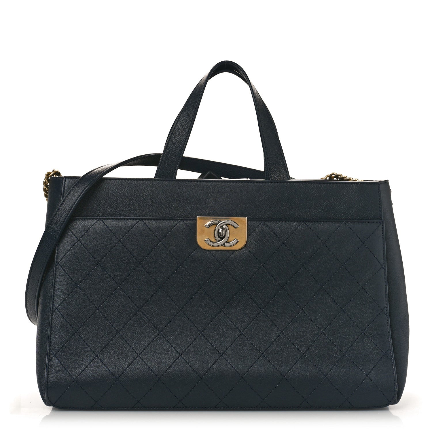 Chanel Calfskin Stitched Large Straight Lines Shopping Tote Navy 1 of 9