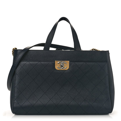 Chanel Calfskin Stitched Large Straight Lines Shopping Tote Navy 1 of 9