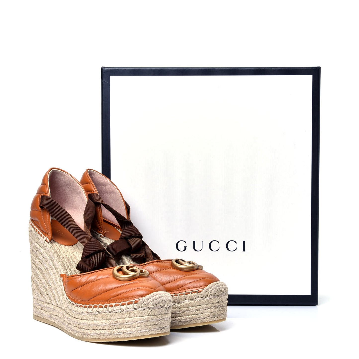 Nappa Matelasse GG Marmont Ankle Wrap Platform 35/120mm Espadrille Wedges 38 Cognac