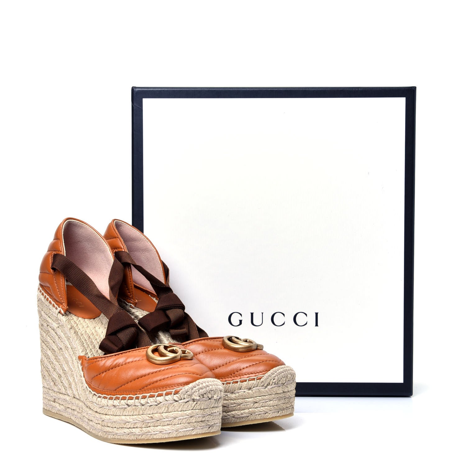Gucci Nappa Matelasse GG Marmont Ankle Wrap Platform 35/120mm Espadrille Wedges 38 Cognac 10 of 10