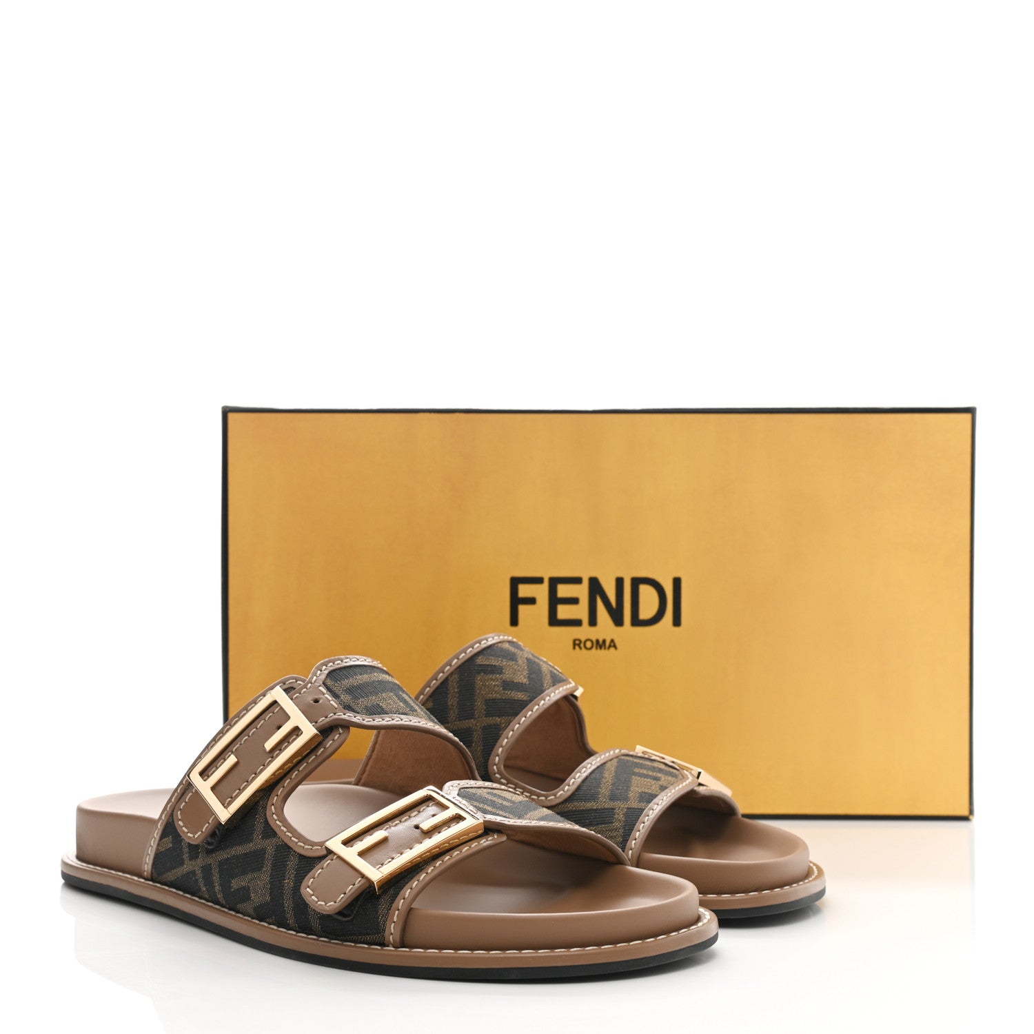 Fendi Fabric Jacquard Nappa FF Womens Fendi Feel Buckled Slide Sandals 41 Tobacco Black Miele Scuro 17 of 18
