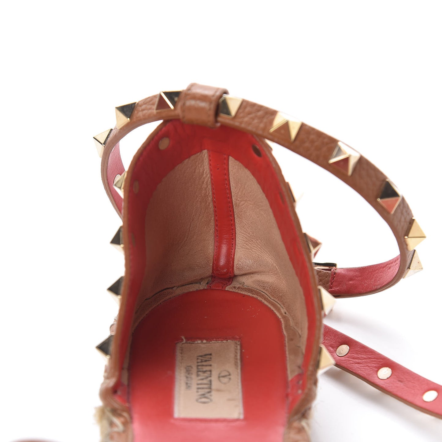 Grained Calfskin Rockstud Ankle Wrap Espadrille Flats 38 Cognac
