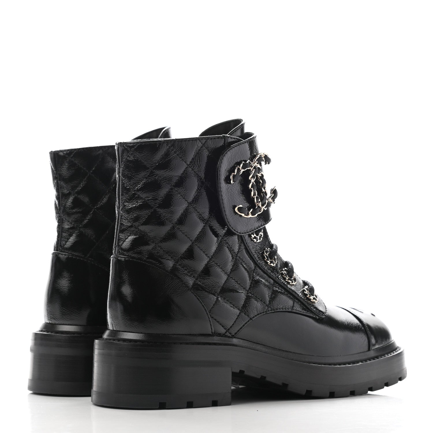Chanel Shiny Lambskin Quilted Lace Up Combat Boots 35 Black 4 of 12