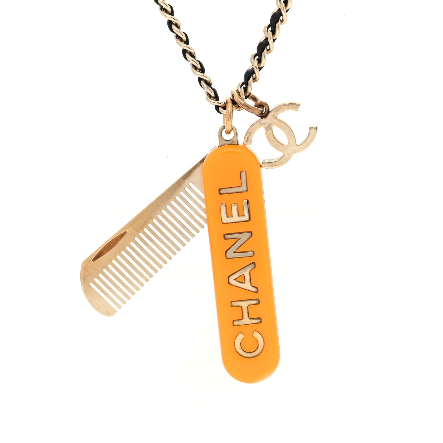Metal Lambskin Chain CC Comb Necklace Gold Orange Black