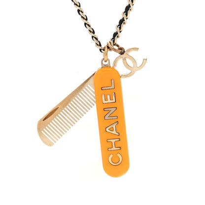 Chanel Metal Lambskin Chain CC Comb Necklace Gold Orange Black 6 of 7