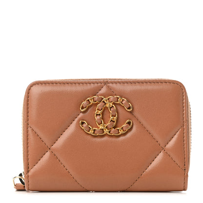 Chanel Lambskin Quilted Chanel 19 Zip Around Coin Purse Wallet Brown 1 of 7