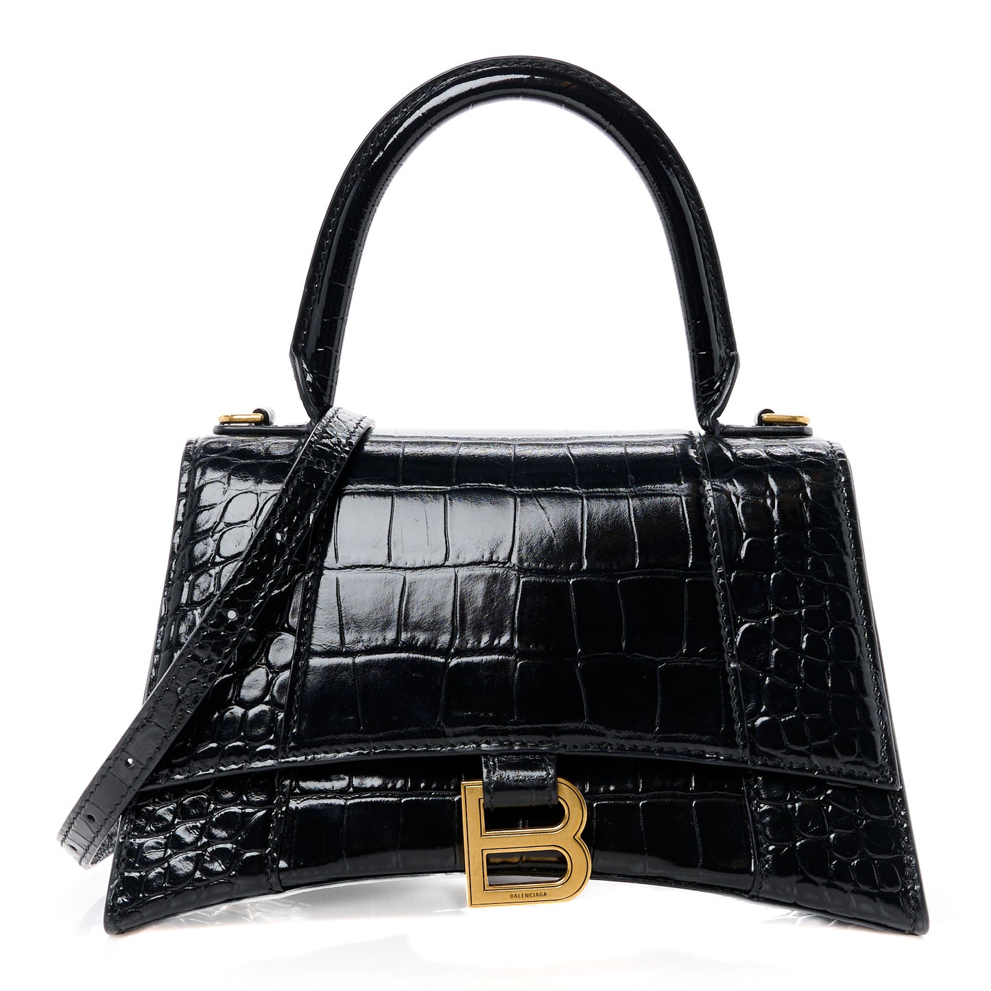 Shiny Calfskin Crocodile Embossed Small Hourglass Top Handle Bag Black