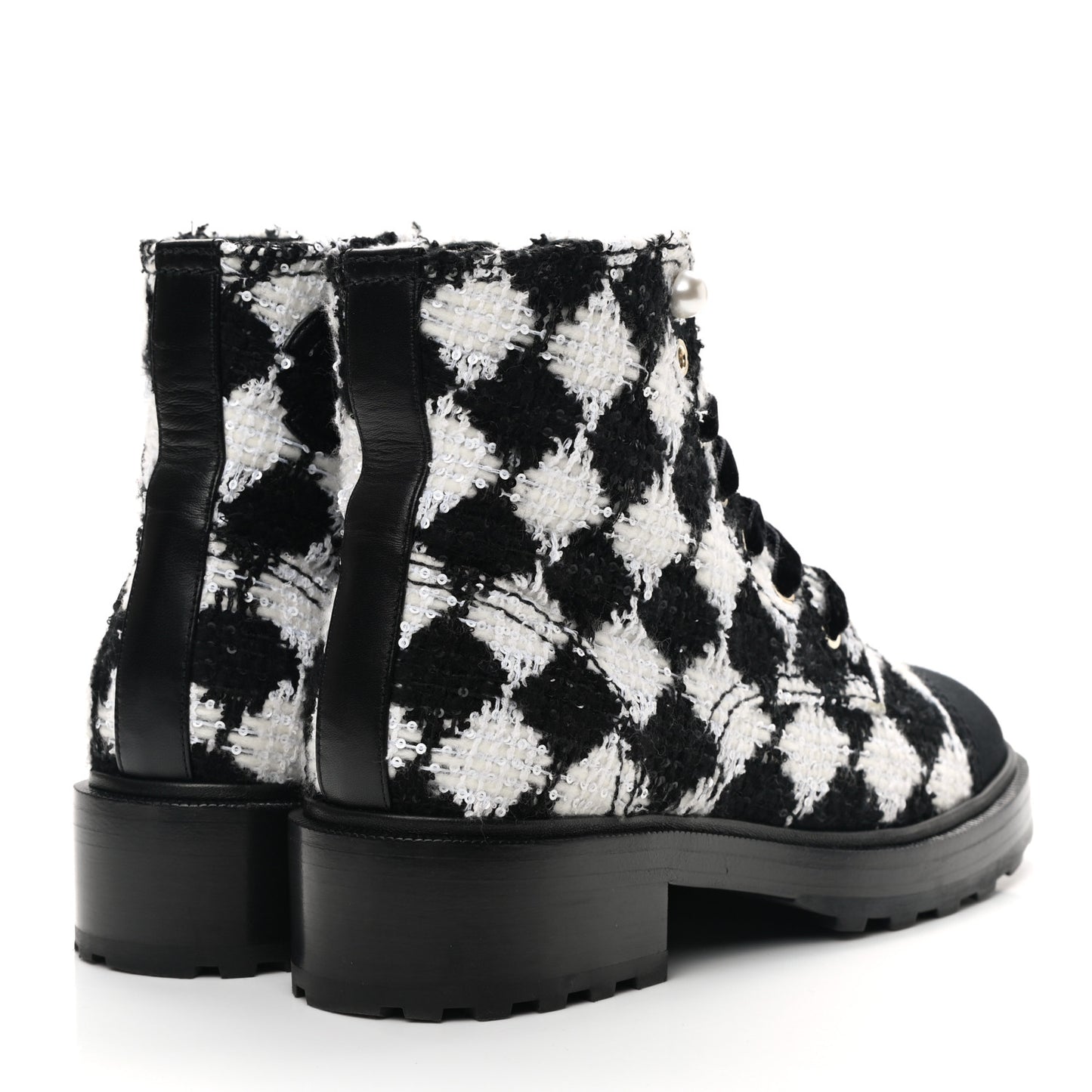 Tweed Grosgrain Pearl Combat Short Boots 38.5 White Black
