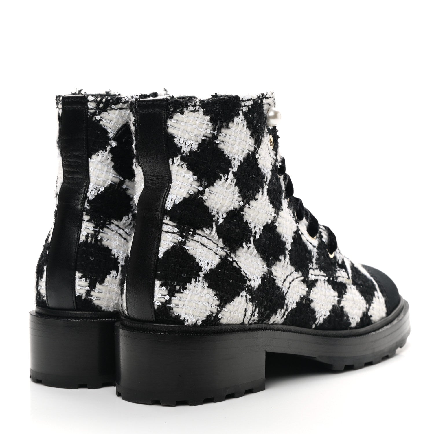 Chanel Tweed Grosgrain Pearl Combat Short Boots 38.5 White Black 4 of 8
