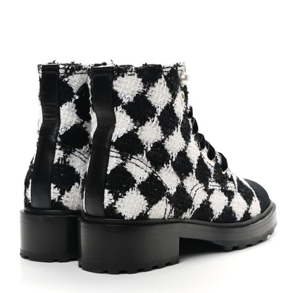 Chanel Tweed Grosgrain Pearl Combat Short Boots 38.5 White Black 4 of 8