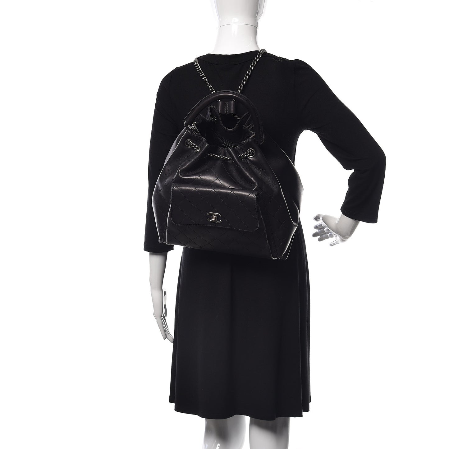 Calfskin Stitched Large Urban Luxury Drawstring Backpack Black