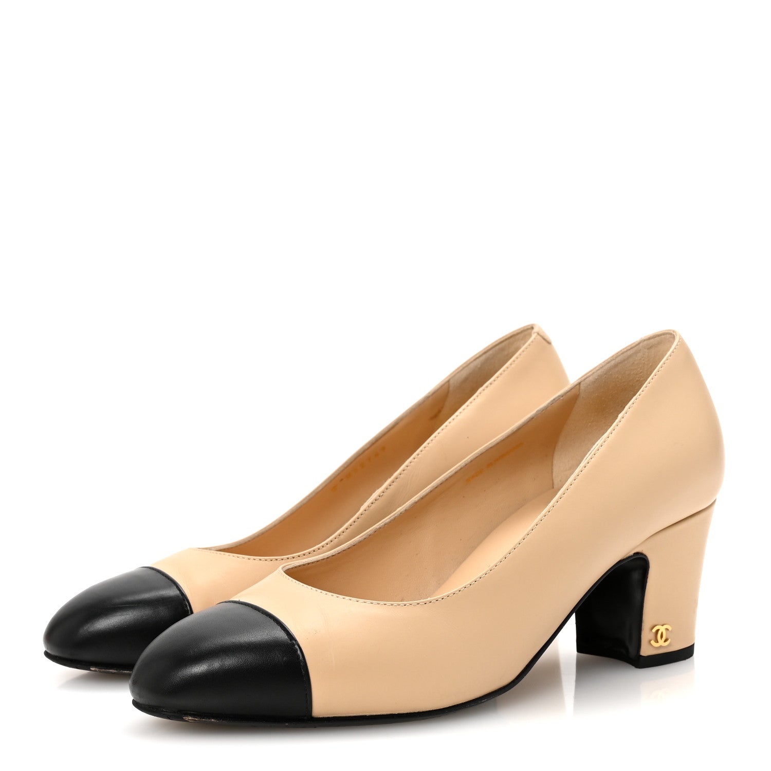 Chanel Lambskin Cap Toe CC Uniform Pumps 38 Beige Black 8 of 18