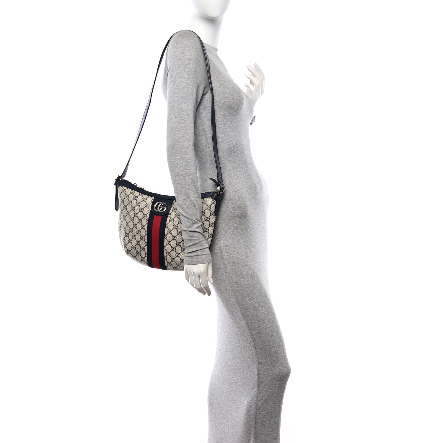 Gucci GG Supreme Monogram Textured Dollar Calfskin Web Small Ophidia Half Moon Hobo Beige Blue 2 of 12