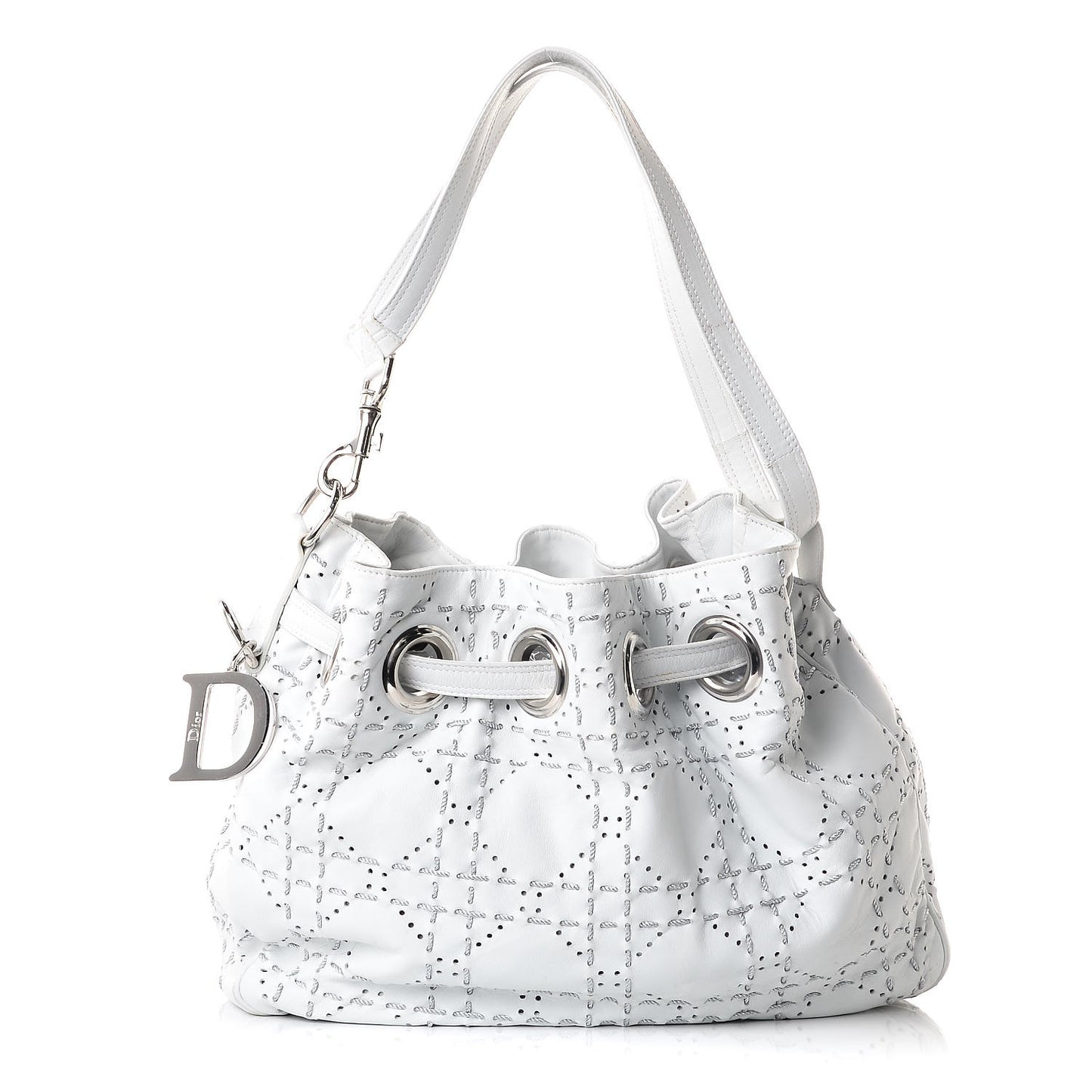 Lambskin Stitched Cannage Drawstring Bag White