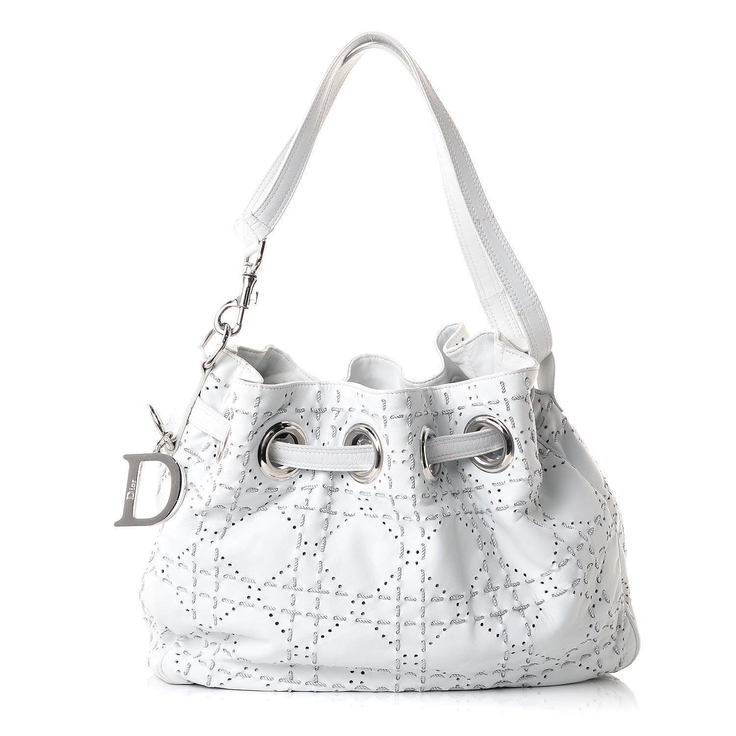 Christian Dior Lambskin Stitched Cannage Drawstring Bag White 1 of 13