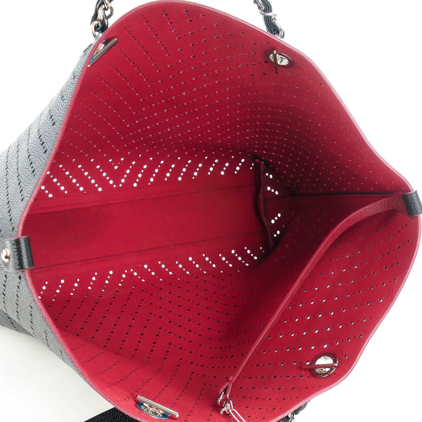 Perforated Grained Calfskin Large Shopping Tote Black