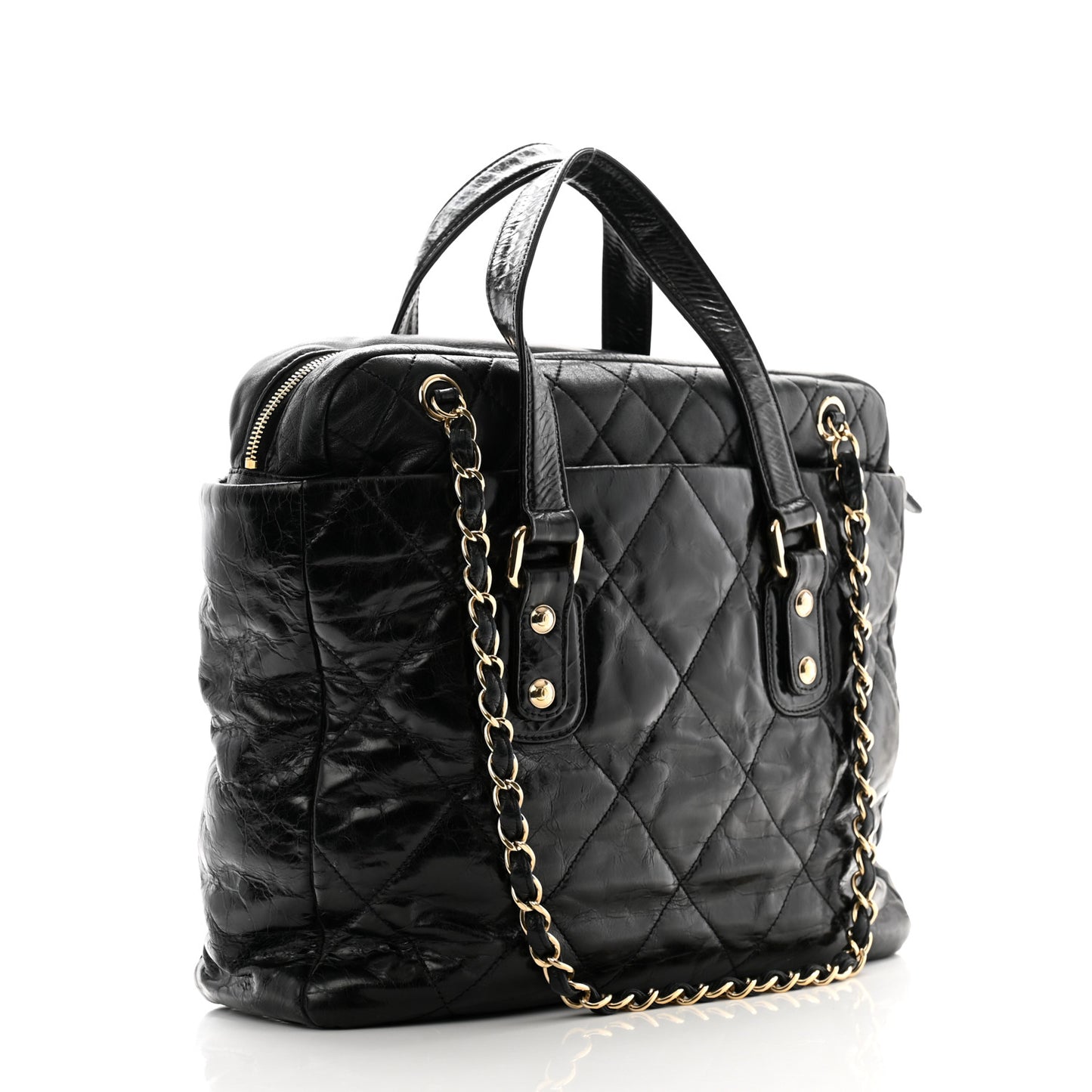 Glazed Calfskin Lambskin Quilted Portobello Tote Black