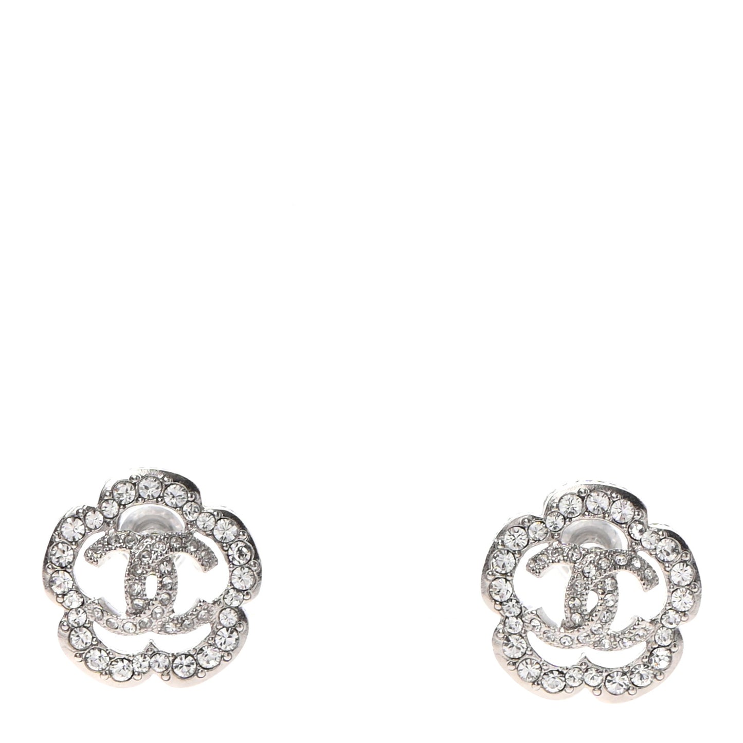Crystal Coco Flapper Camellia CC Stud Earrings Silver