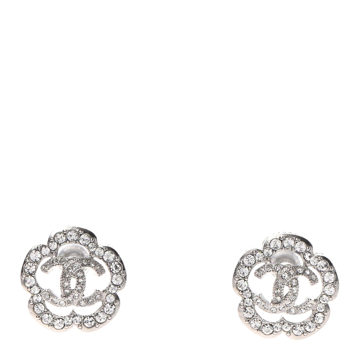 Chanel Crystal Coco Flapper Camellia CC Stud Earrings Silver 1 of 4