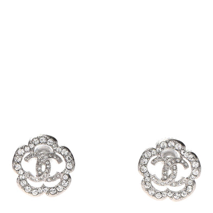 Chanel Crystal Coco Flapper Camellia CC Stud Earrings Silver 1 of 4