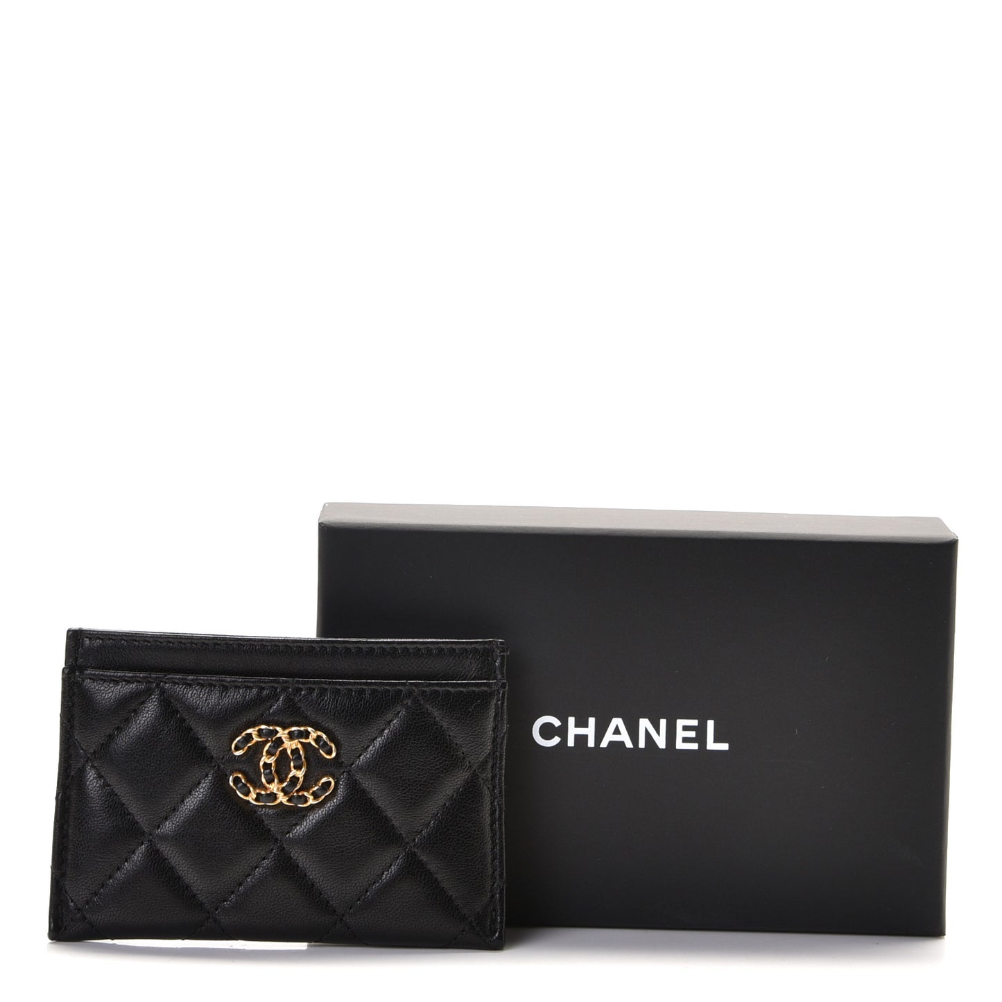 Shiny Goatskin Quilted Chanel 19 Card Holder Black
