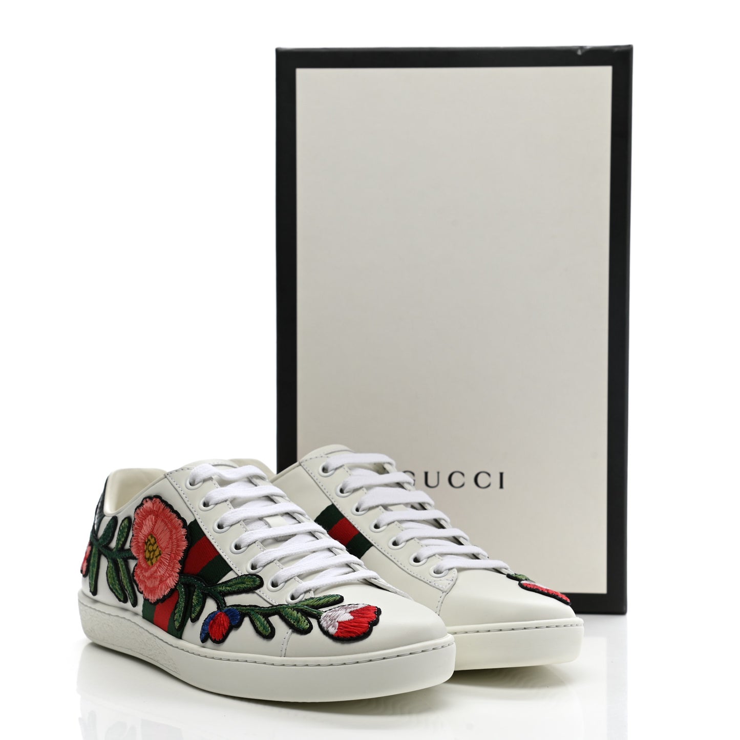 Calfskin Web Floral Embroidered Womens Ace Sneakers 38 White