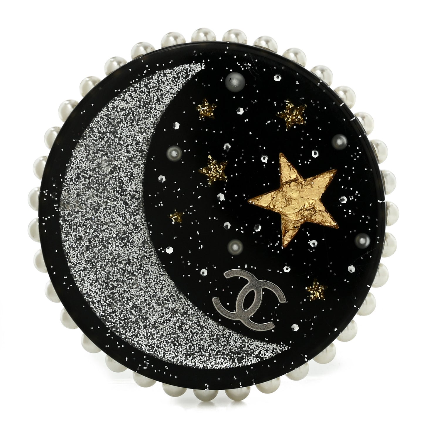 Glittered Resin Crystal Pearl CC Moon Pin Brooch Black Gold Silver