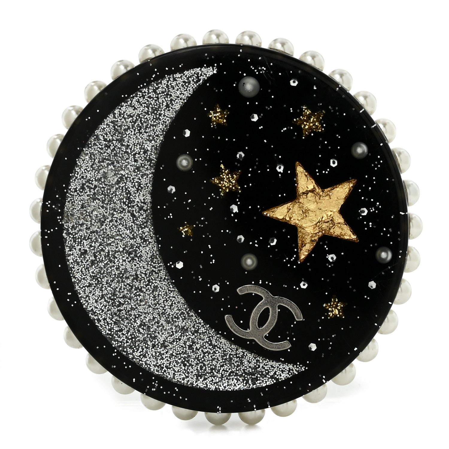 Chanel Glittered Resin Crystal Pearl CC Moon Pin Brooch Black Gold Silver 1 of 3