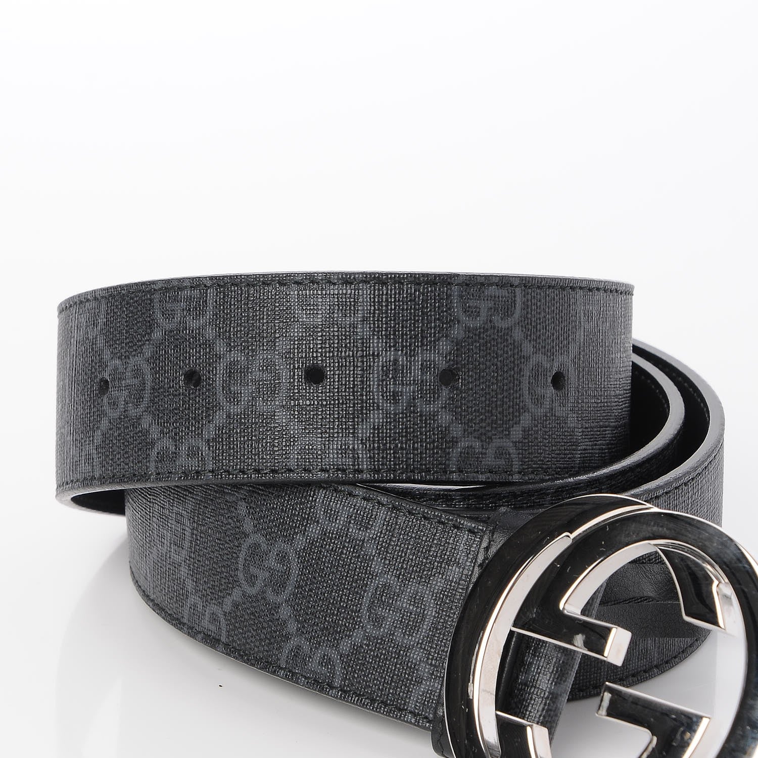 Gucci GG Supreme Monogram Selleria Calfskin Interlocking G 40mm Belt 115 46 Black Grey 4 of 6