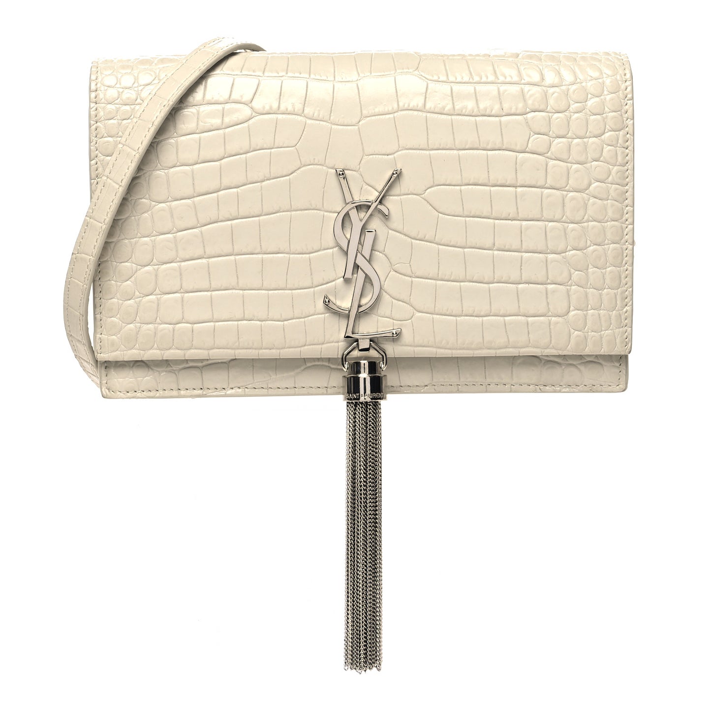 Calfskin Crocodile Embossed Kate Monogram Tassel Chain Wallet Vintage White
